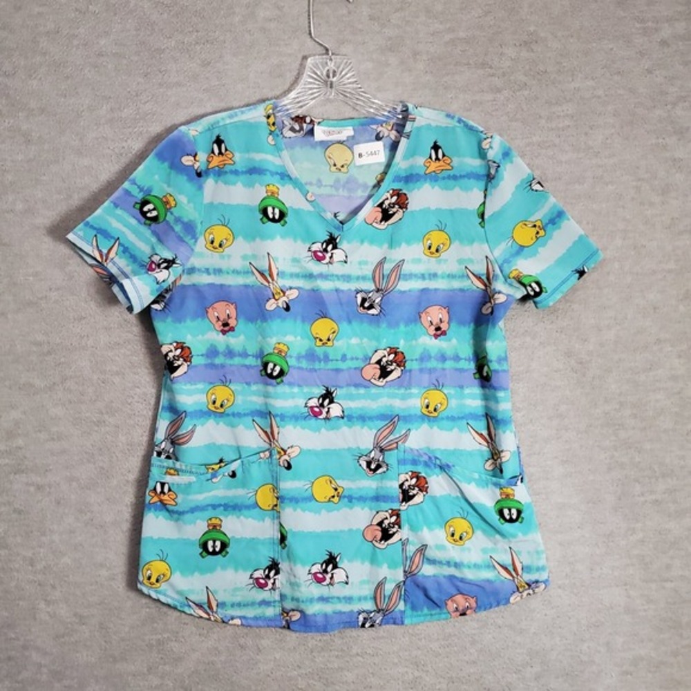 Looney Tunes Women Scrub Top Small Blue Shirt Cartoon All Over Print